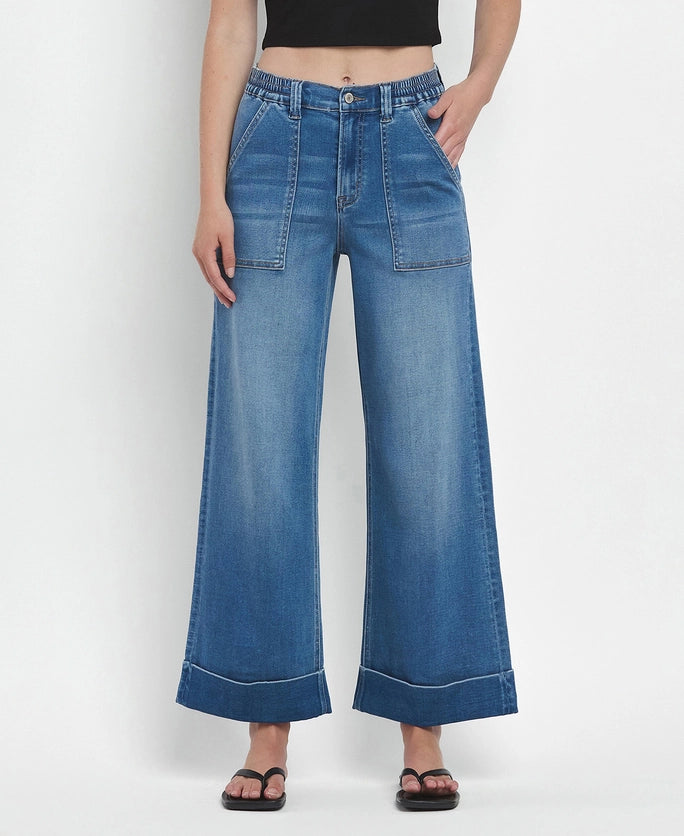 High Rise Double Cuffed Baggy Wide Jeans