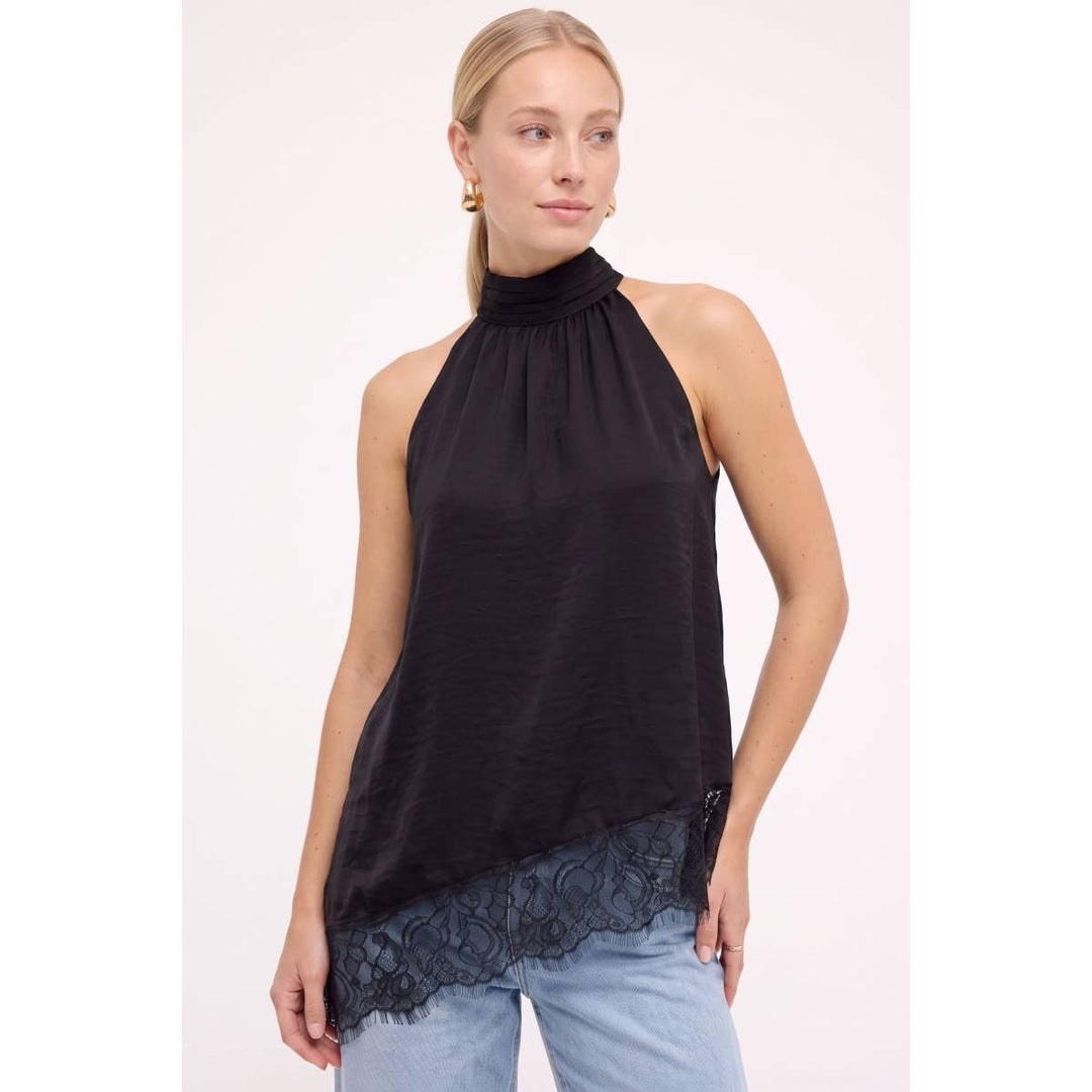 Asymmetrical Lace Trim Mock Neck Halter Top