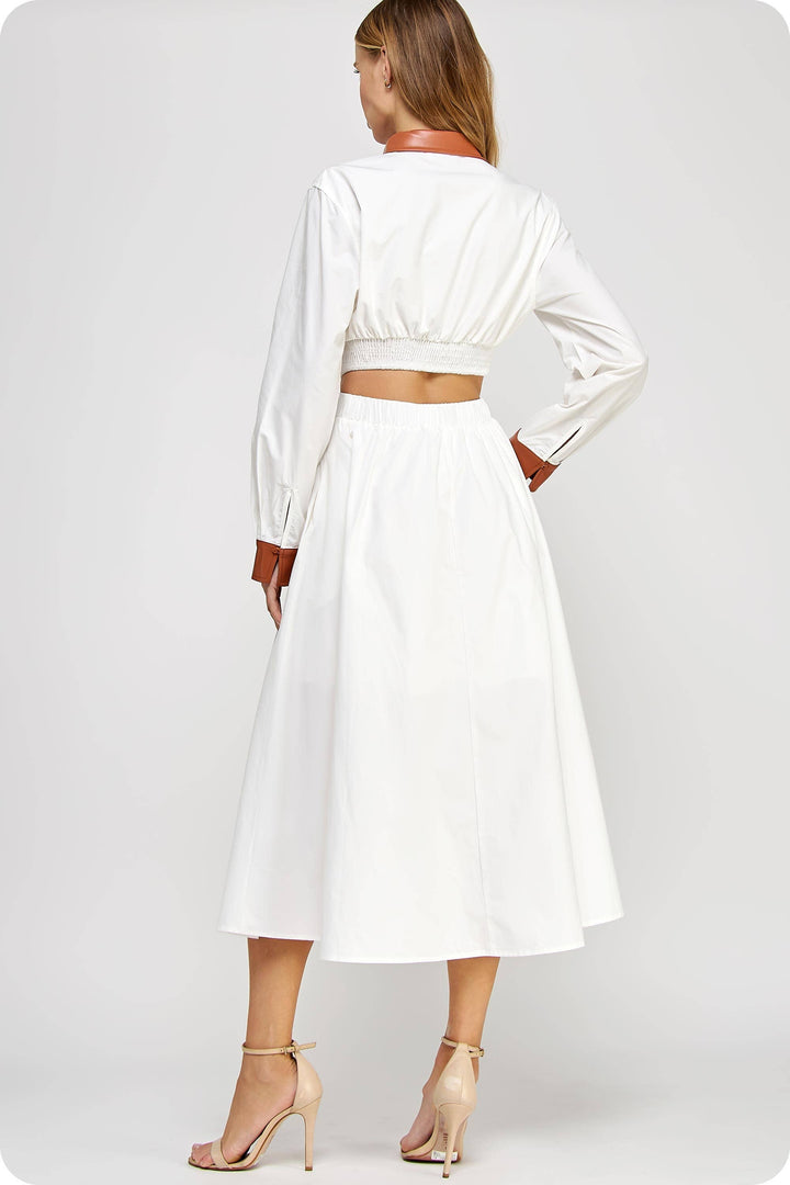 Faux Leather Contrast Poplin Long Shirt Dress