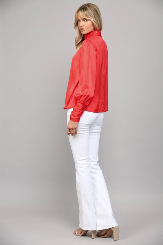 High Collar Ruched Sleeve Blouse