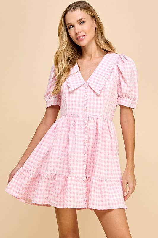 Gingham Peter Pan Collared Puff Sleeves Dress