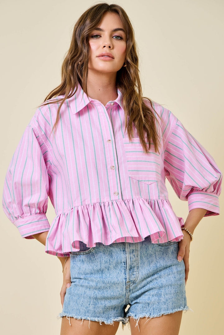 Striped Boxy Button Down Cropped Shirt W/ Ruffles