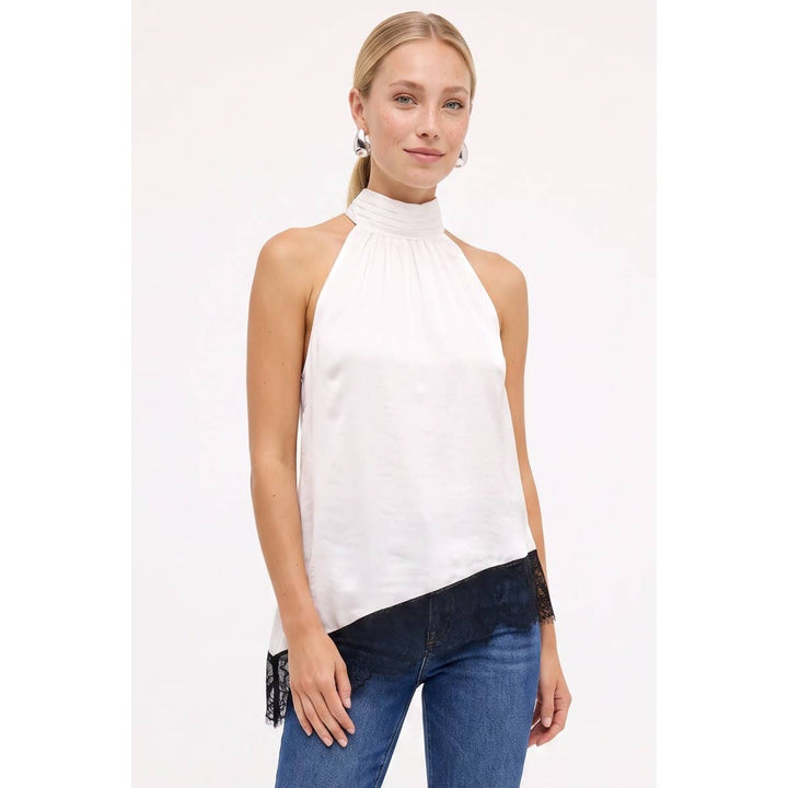 Asymmetrical Lace Trim Mock Neck Halter Top