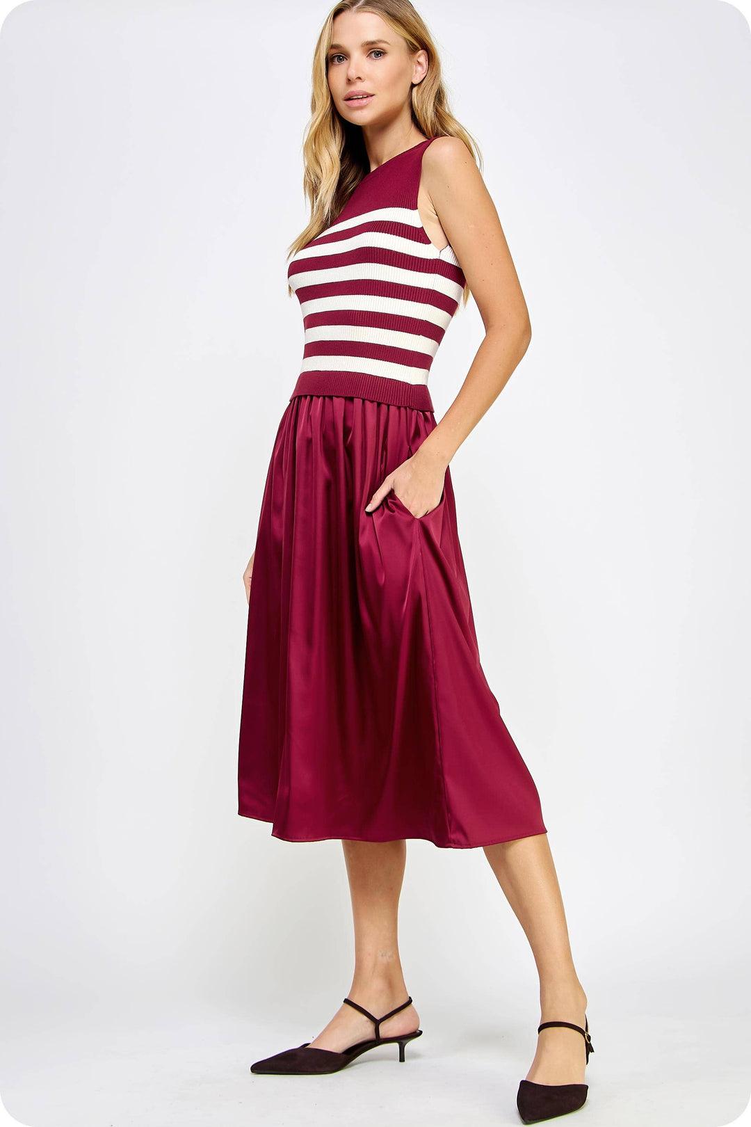 Sleeveless Striped Mixed Media Midi Dress