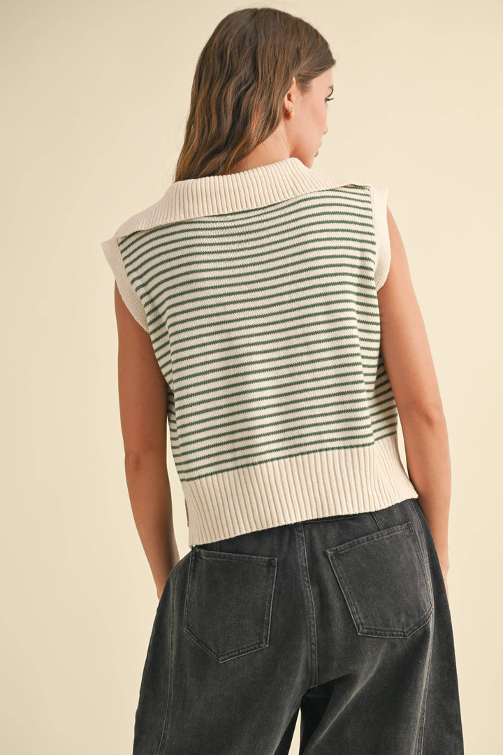 V-Neck Stripe Collar Knitted Top