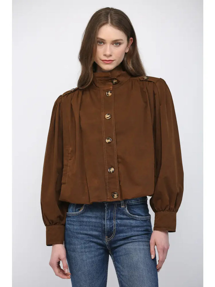 High Stand Collar Gathered Hem Bomber Jacket