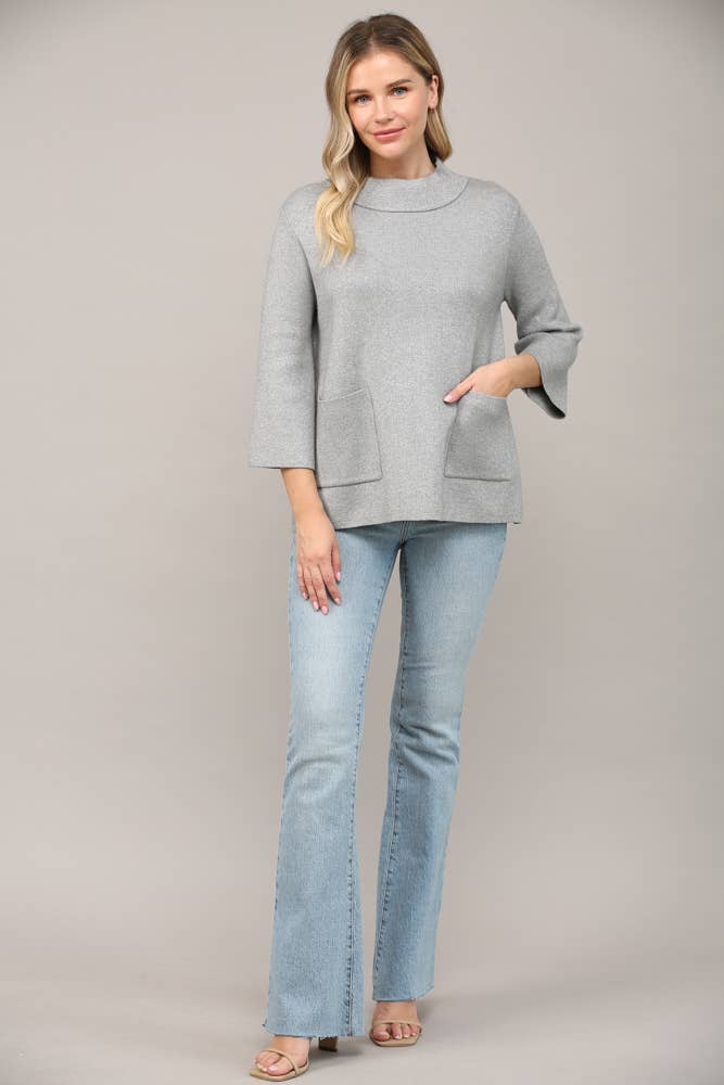 Glitter Yarn Front Pocket Detail Mock Neck Sweater