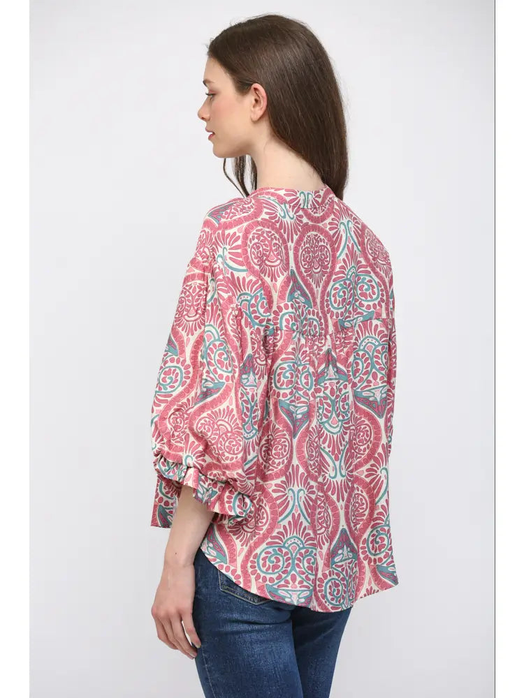 Damask Print Voluminous Balloon Sleeve Button Down Blouse