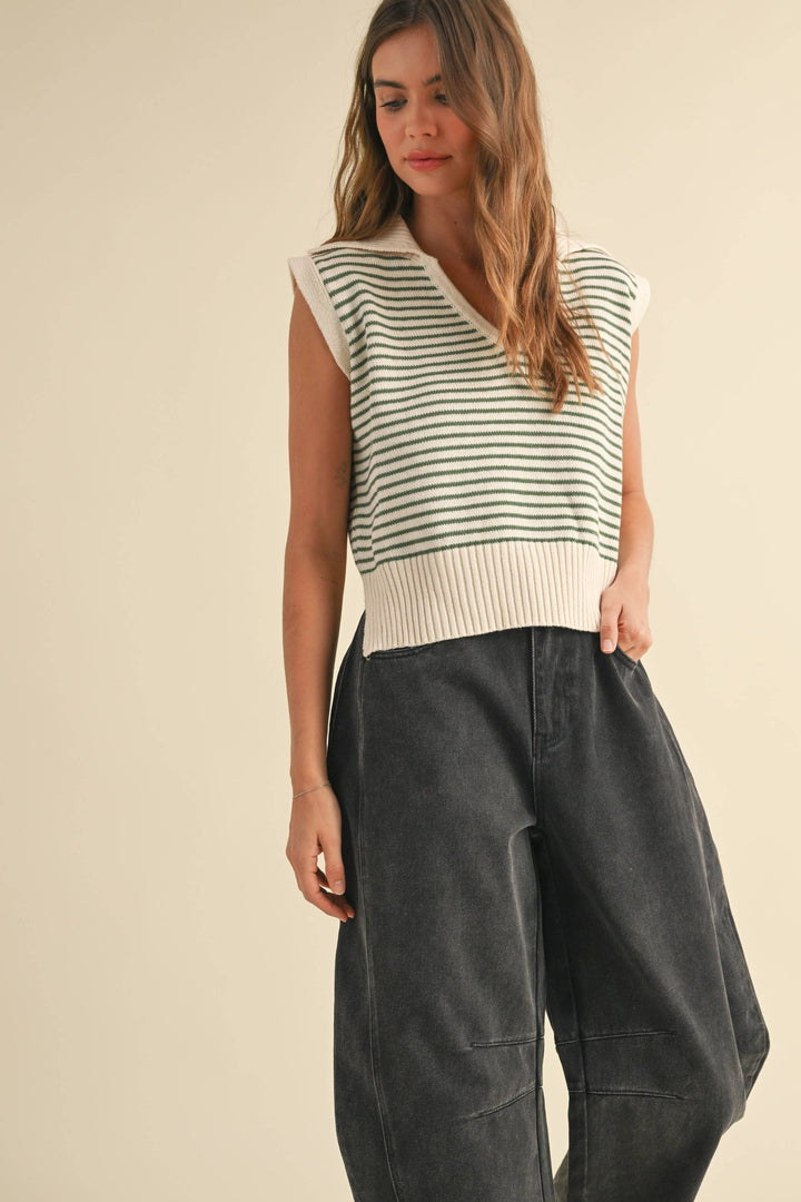 V-Neck Stripe Collar Knitted Top