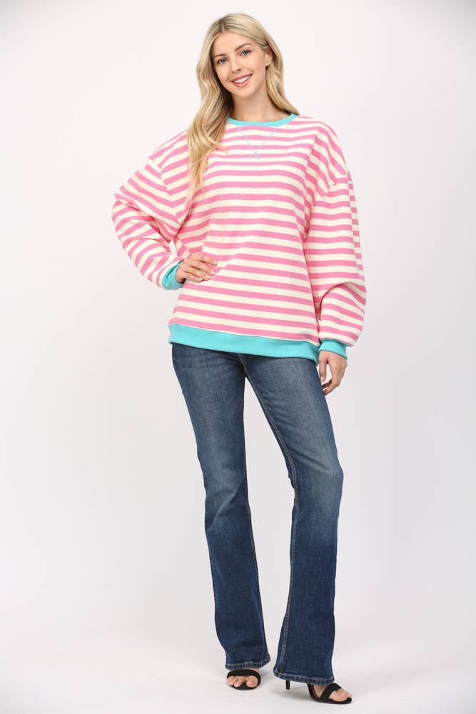 Pink and White Stripe Top With Aqua Trim