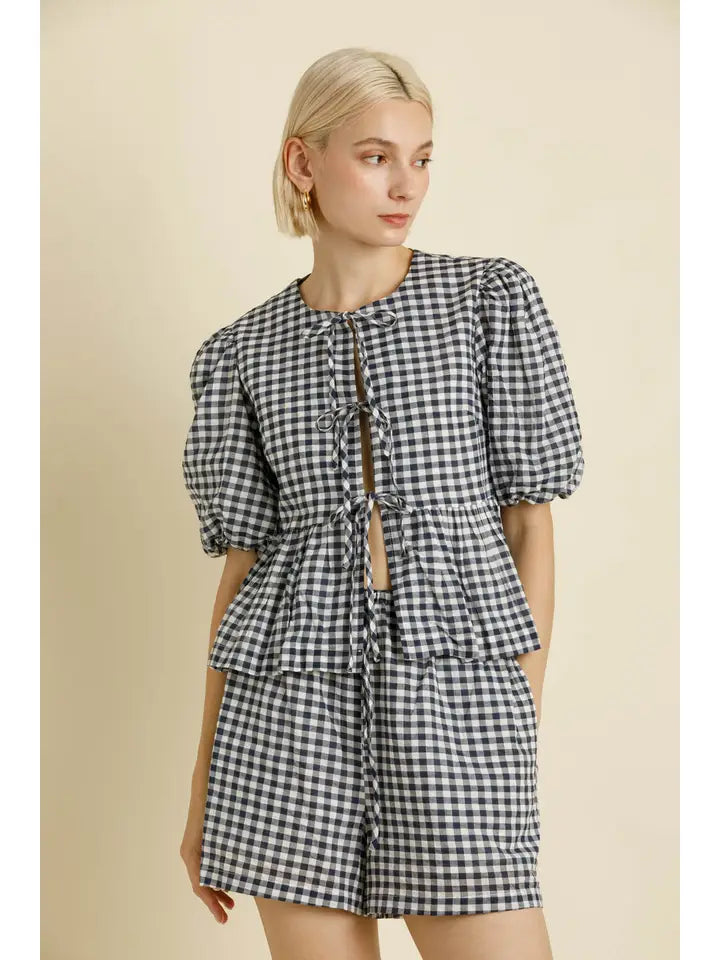 Navy White Gingham Open Front Blouse