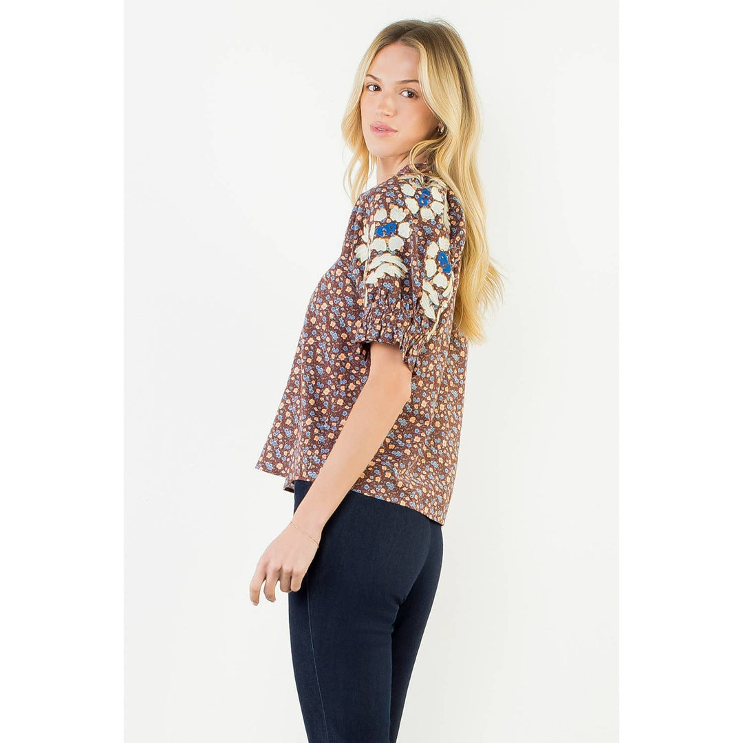 Floral Print Top With Embroidery