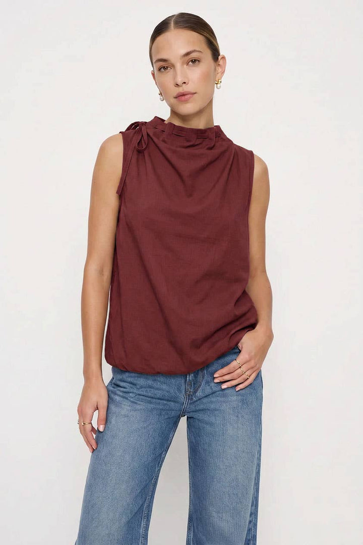 Cinched Mock Neck Sleeveless Top