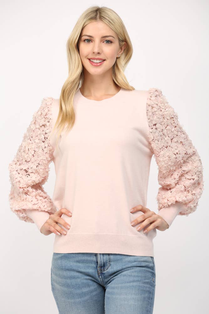 Contrast 3D Floral Lace Sleeve Crew Neck Sweater