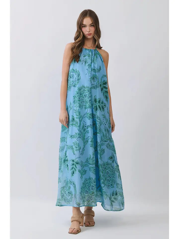 Floral Print High Neck Flowy Maxi Dress