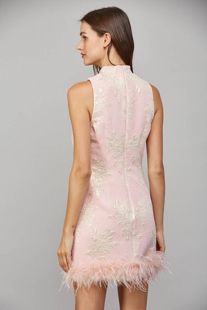 Feather Trim Metallic Floral Jacquard Dress