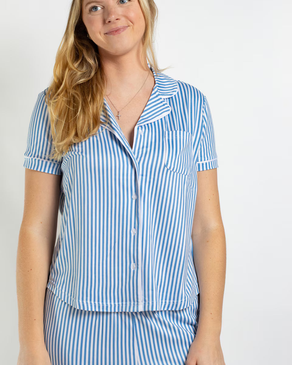 Pinstripe Short Sleeve Button Up Sleep Shirt