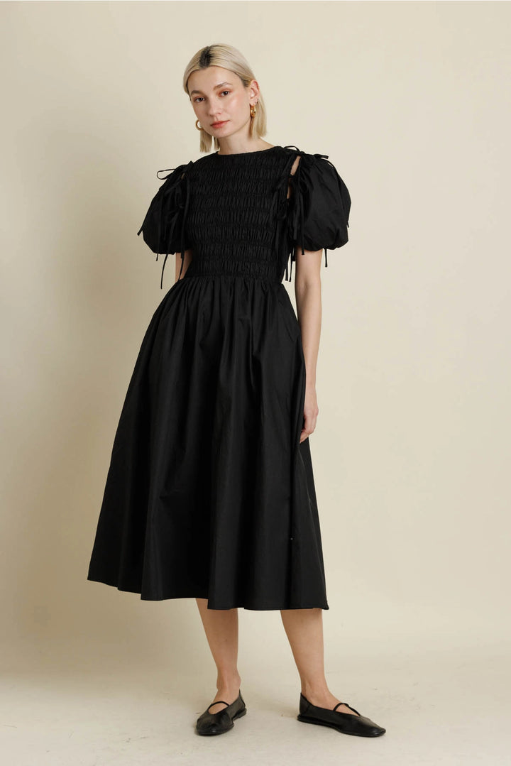 BLACK DETACHABLE SLV MIDI DRESS