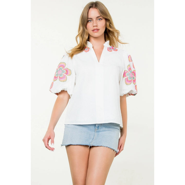 Embroidered Puff Sleeve Textured Top