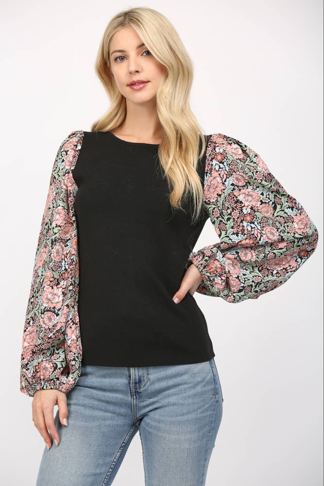 Contrast Print Balloon Sleeve Round Neck Sweater