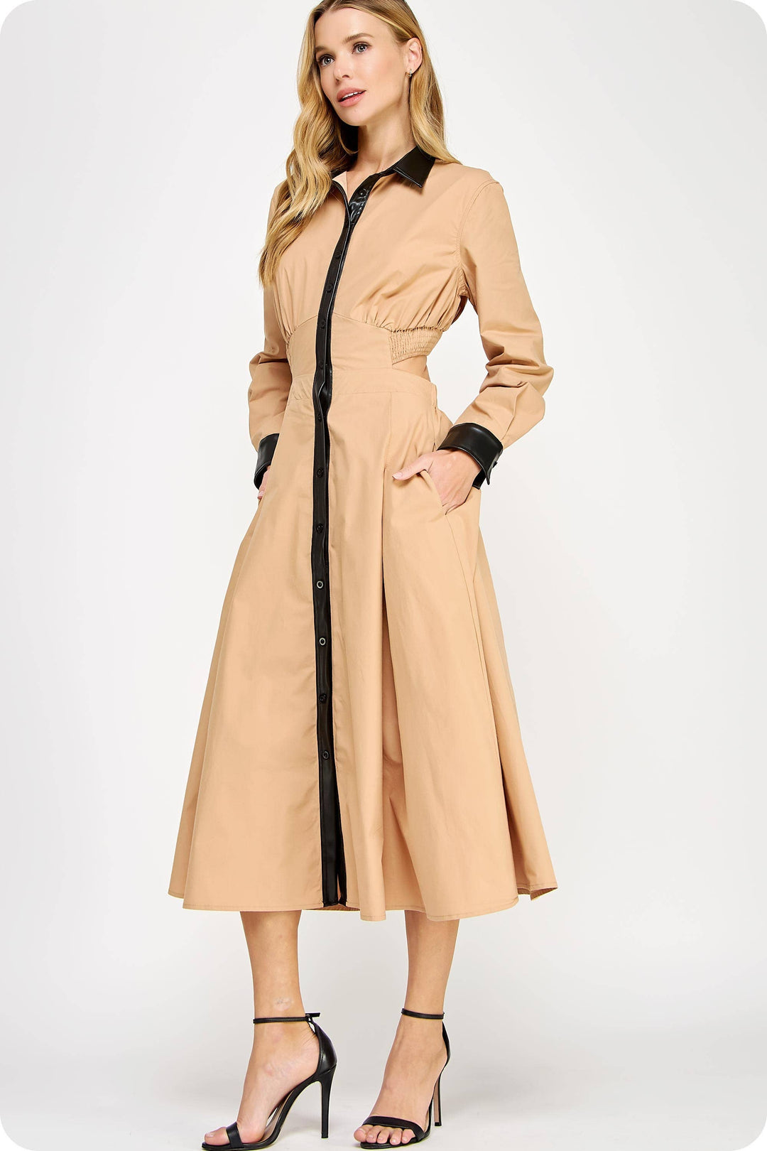 Faux Leather Contrast Poplin Long Shirt Dress