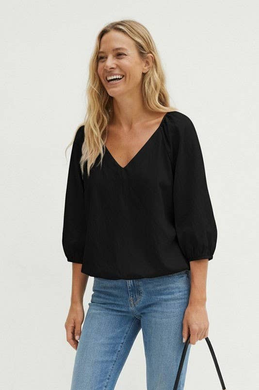Elastic Puff Sleeve V-neck Blouse