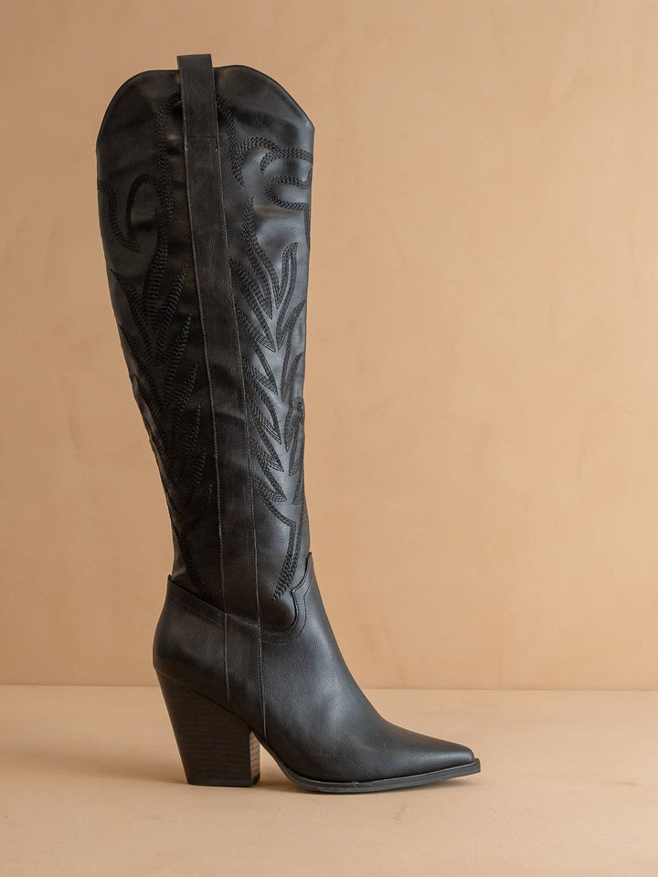 The Bronco Black | Knee High Cowboy Western Boot
