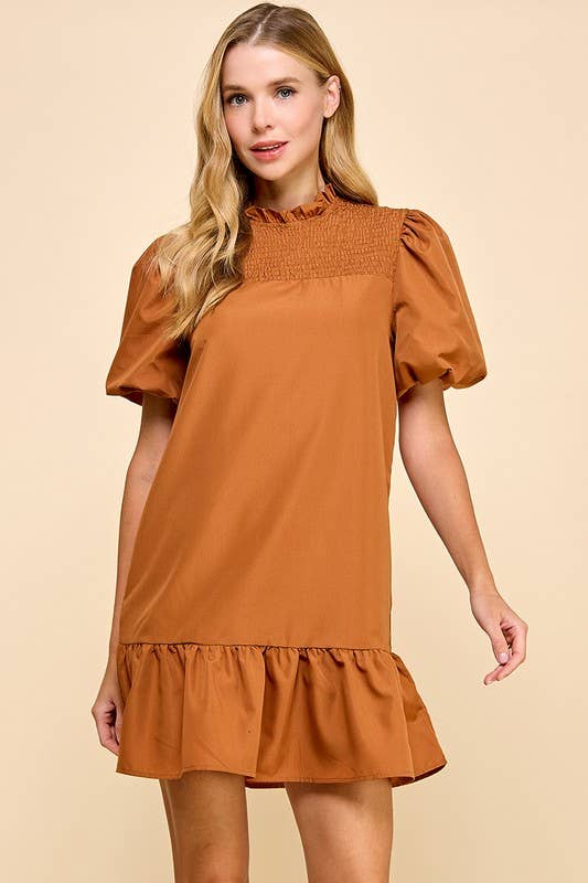 Puff Sleeve Ruffle Hem Shift Dress