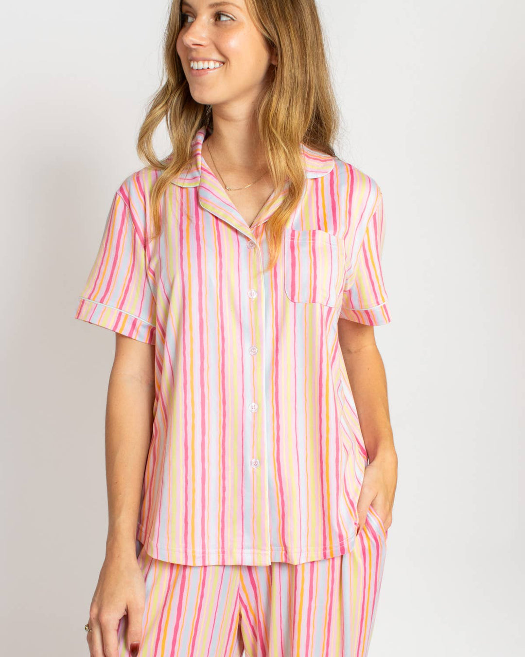 Addie Stripe Short Sleeve Button Up Sleep Shirt