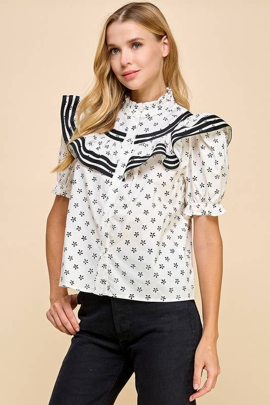 Floral Print Button Up Ruffle Detail Top