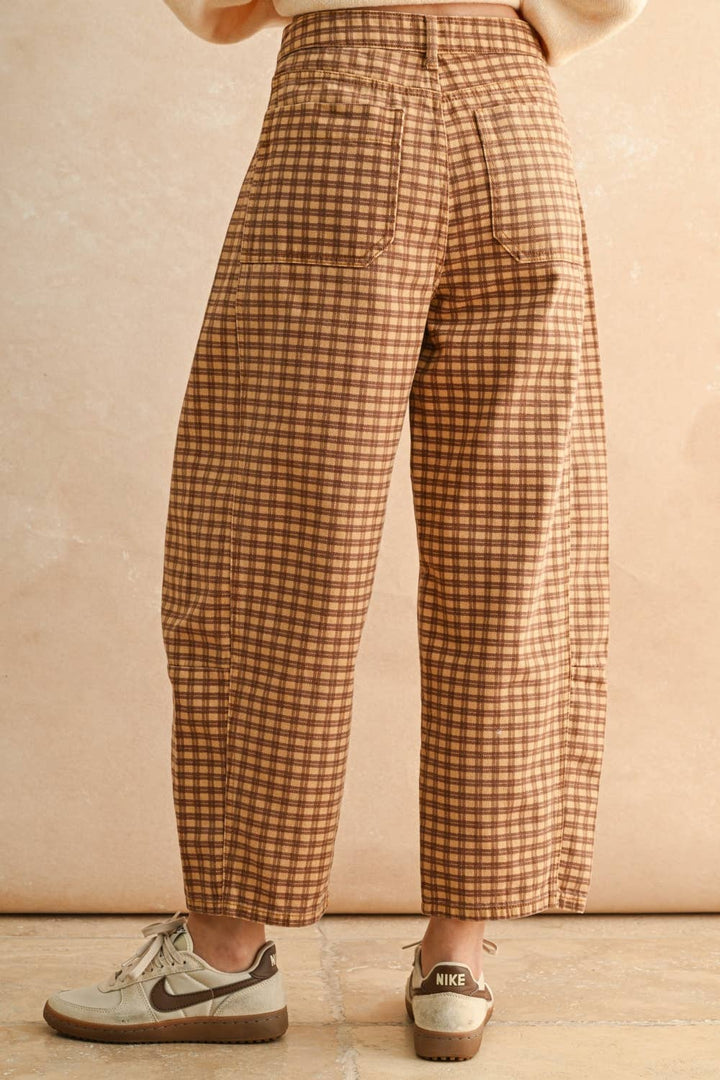 Mini Checker Pattern Barrel Pants