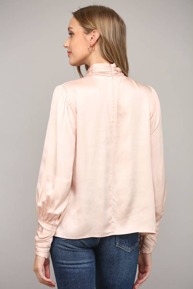High Collar Ruched Sleeve Blouse