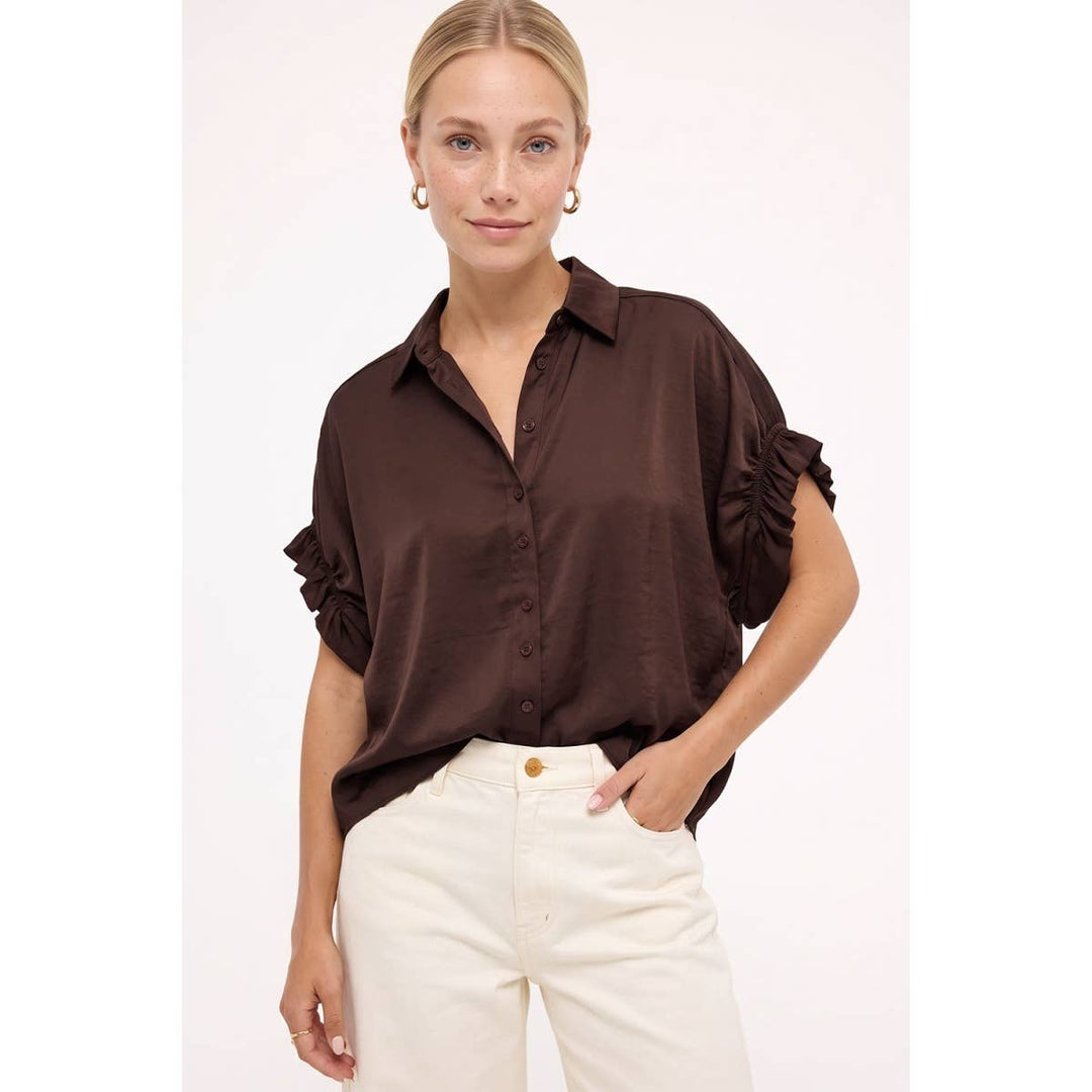 Short Ruffle Sleeve Button-up Blouse