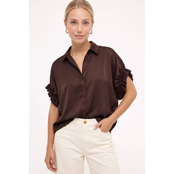 Short Ruffle Sleeve Button-up Blouse
