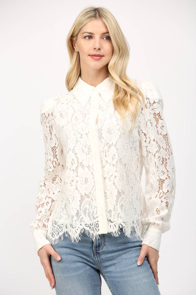 Scallop Edge Lace Button Down Blouse