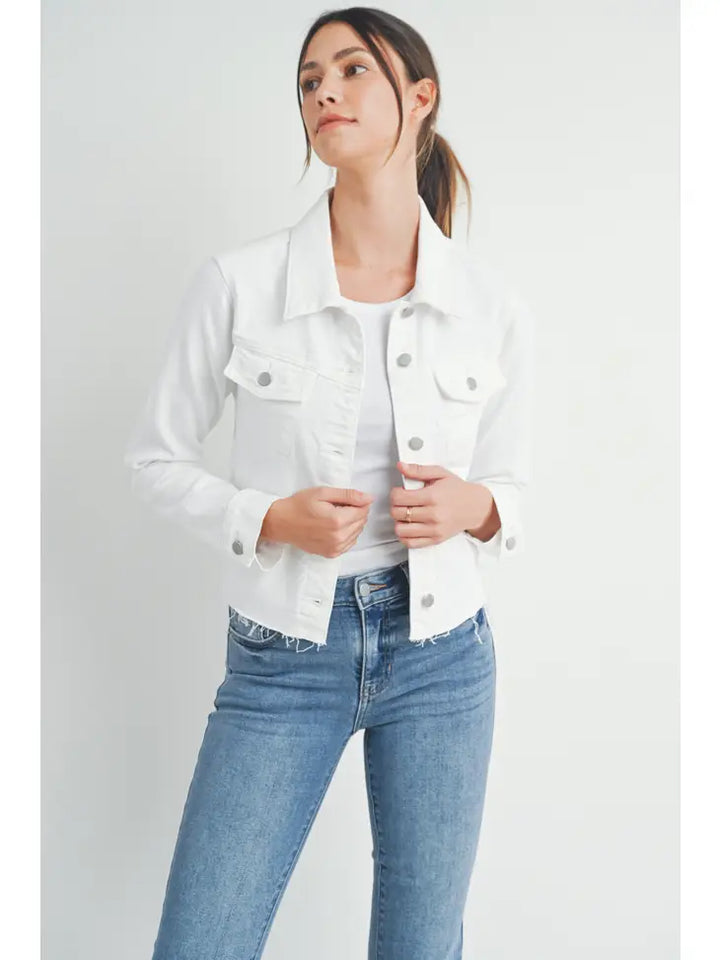 White Fitted Fray Denim Jacket