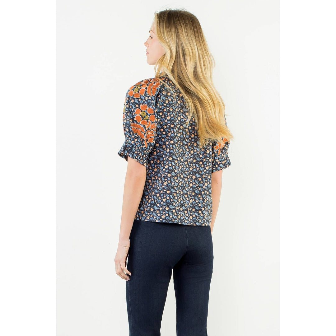Floral Print Top With Embroidery
