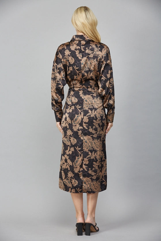 Print Satin Front Tie Midi Dress