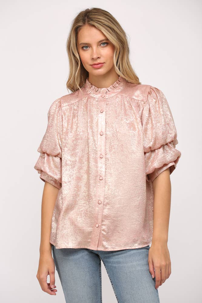 Foiled Woven Fabric Short Tiered Sleeve Blouse