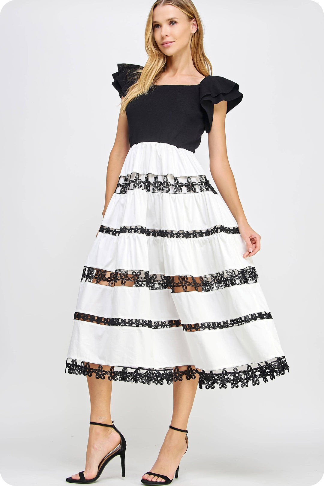 Mixed Media Lace Trim Detail Midi Dress