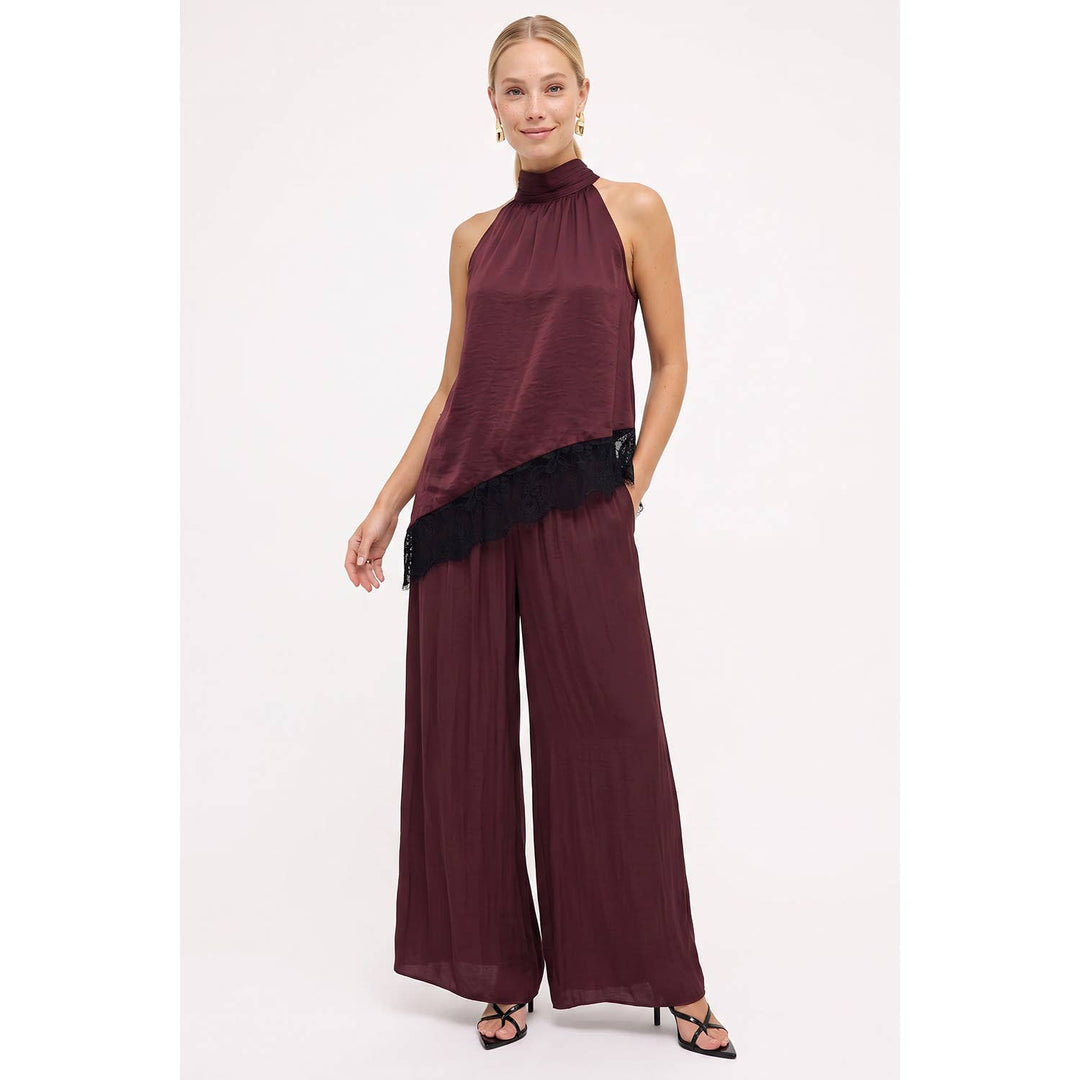Asymmetrical Lace Trim Mock Neck Halter Top