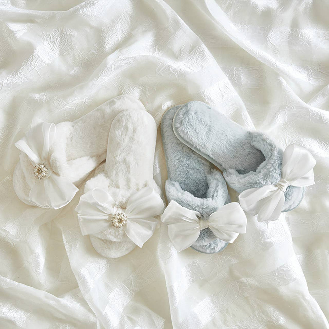 Plush Slippers - White Crystal Bow