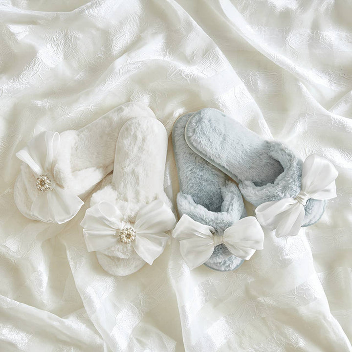 Plush Slippers - White Crystal Bow