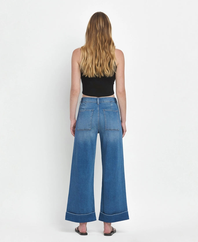 High Rise Double Cuffed Baggy Wide Jeans