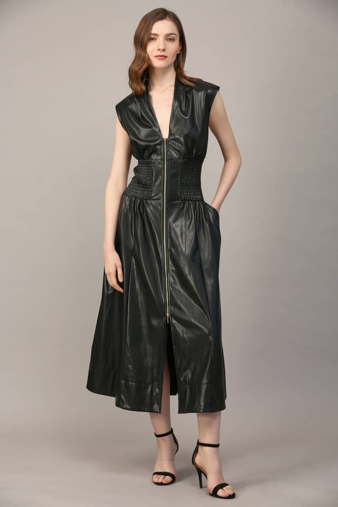 Smocked Waist Zip Front Faux Leather Dress