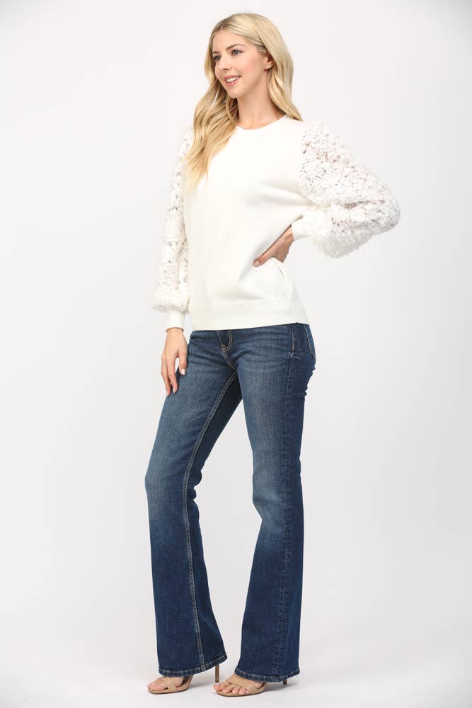 Contrast 3D Floral Lace Sleeve Crew Neck Sweater