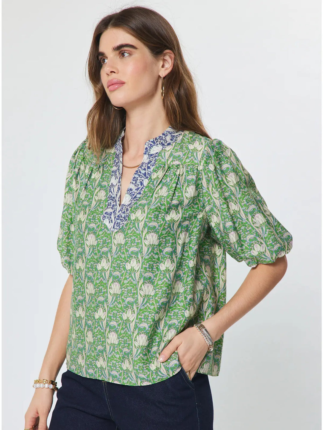 Floral Printed Puff Short Sleeve Blouse