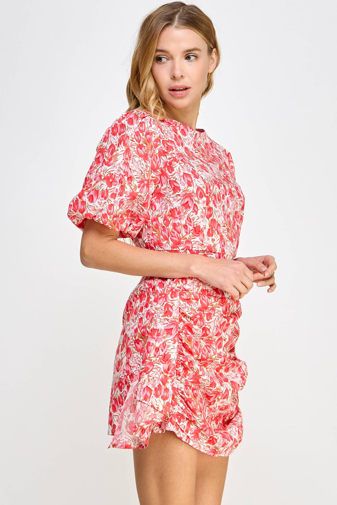 Ruched Short Puff Sleeve Floral Voile Mini Dress