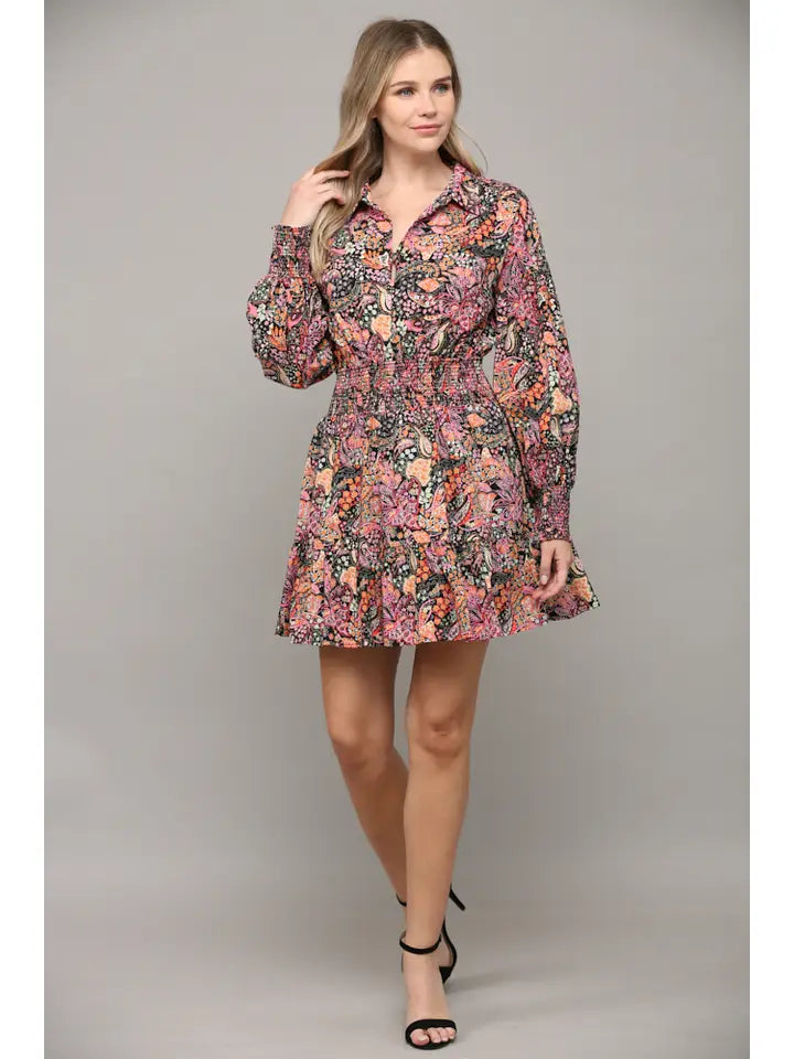 Paisley Floral Button Front Smocked Waist Ruffle Dress