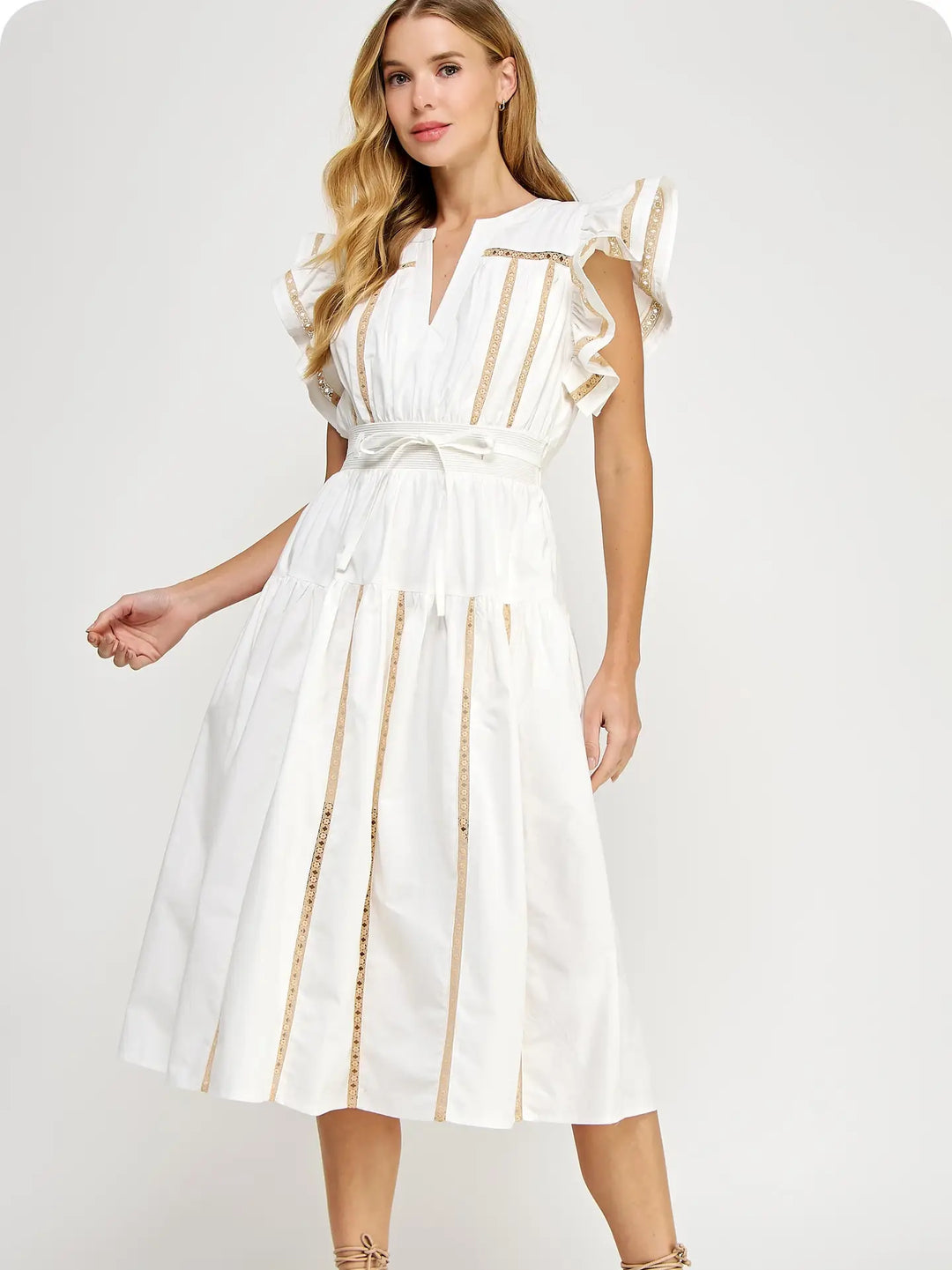 Lace Trim Flutter Sleeve Poplin Midi Dress